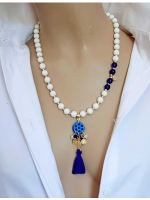 Sinem Şanlı Akdeniz Beyaz Lacivert Süryani Taşı Püsküllü Cam & Kristal Boncuk El Yapımı Kolye