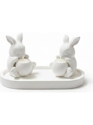 Dekoratif Oval Tepsi ve 2’li Tavşan Mum Seti Premium Taş Tozu Tasarım
