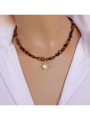 Sinem Şanlı Kaplan Gözü Doğal Taşlı Altın Kaplama Sedefli Kuzey Yıldızı Kolye – Kutulu & El Yapımı Tasarım