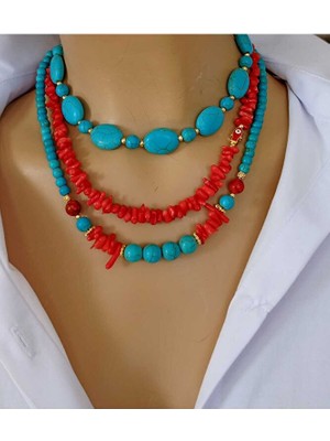 Sinem Şanlı Üç Sıralı Mercan & Turkuaz Doğal Taş Altın Detaylı Kolye