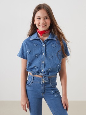 Lc Waikiki Yeni Sezon Çiçekli Kız Çocuk Jean Gömlek