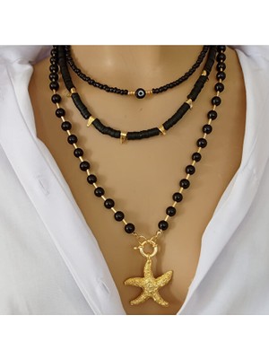 Sinem Şanlı Gotik Deniz Yıldızı Üç Sıra Oniks Doğal Taş Kolye