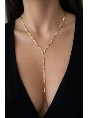 Biryildizol Altın Renk Taşlı Uzun Kadın Çelik Y Kolye