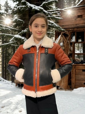 Velmora Fashion Çocuk Yakalı Parçalı Kürk - Kiremit