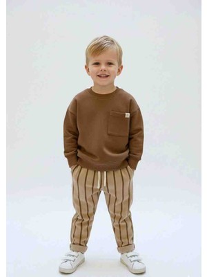 Pini Co Erkek Çocuk Kahverengi Cep Detaylı Sweatshirt ve Çizgili Pantolon Alt Üst Takım