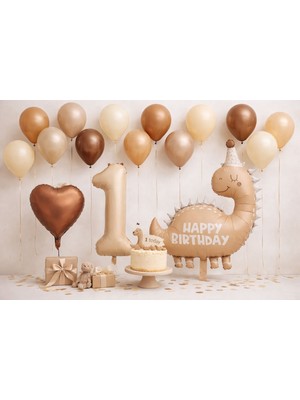 Peri Party Bej Kahve Karamel Dinozor Temalı 1 Yaş Doğum Günü Folyo Balon Seti – 15 Adet Uçan Balon Konsepti