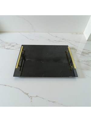 Ecay Mermer Ürünleri Doğal Mermer Siyah Tepsi Gold Tasarımlı Kulplu