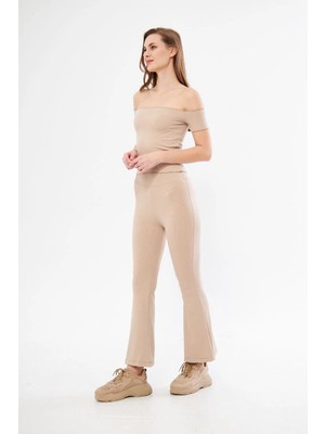 Velmora Fashion Kadın Yüksel Bel Fitilli Ispanyol Paça Tayt - Bordo