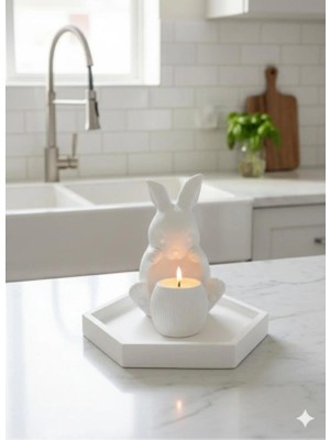 Dekoratif Seramik Tavşan Figürlü Mumlu Minimalist Beyaz Tealight Mum Tutucu