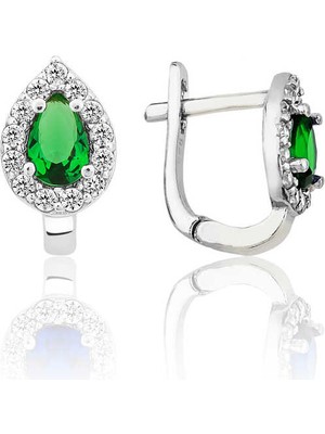 Katre46 Gümüş Yeşil Taşlı Damla J Kadın Küpe