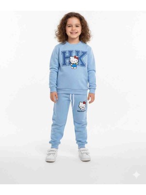 Pini Co Kız Çocuk Bebe Mavisi Sevimli Kedi Baskılı Sweatshirt ve Alt Takım