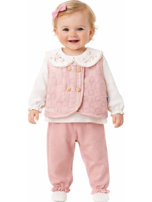 Aspo Baby Kids Kız Bebek Yakalı 3’lü Takım %100 Pamuk Body Kapitone Yelek ve Pantolon