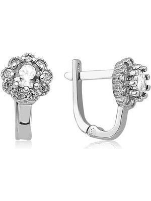 Katre46 Gümüş Beyaz Çiçek Desenli Yuvarlak J Kadın Küpe