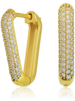 Katre46 Gümüş Gold Beyaz Taşlı Üçgen Küpe