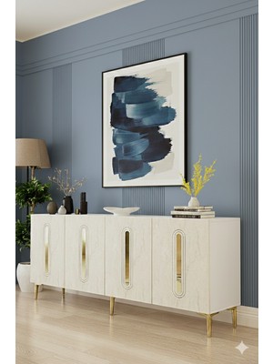 Yumedi Design KA1810BTG - Ethema Konsol ,tv Sehpası , Çok Amaçlı Dolap, Kahve Köşesi 180 cm Beyaz-Traverten-Gold