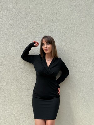 Yeşil Sarmaşık Kadın Uzun Kollu Kruvaze Yaka Krep Mini Boy Elbise