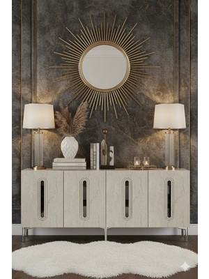 Yumedi Design KA1810BTS - Ethema Konsol ,tv Sehpası , Çok Amaçlı Dolap, Kahve Köşesi 180 cm Beyaz-Traverten-Silver