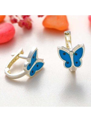 Katre46 Gümüş Mavi Kelebek Çocuk Küpesi