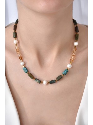 Apatit, Hematit, Inci ve Sitrin Taşlı Gümüş Klipsli Doğal Taş Tasarım Kolye