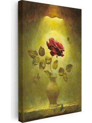 Tablofest Dikey Kanvas Tablo Kelebekler ve Kırmızı Gül Çiçek Tablosu Ev Ofis Duvar Dekoru