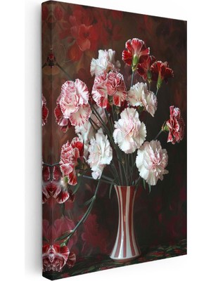 Tablofest Dikey Kanvas Tablo Vazoda Kırmızı Beyaz Karanfiller Çiçek Tablosu Ev Ofis Duvar Dekoru