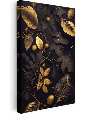 Tablofest Dikey Kanvas Tablo Altın Yaldız Görünümlü Yapraklar Çiçek Tablosu Ev Ofis Duvar Dekoru
