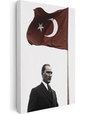 Tablofest Dikey Kanvas Tablo Atatürk ve Dalgalanan Türk Bayrağı Atatürk Tablosu Ev Ofis Duvar Dekoru