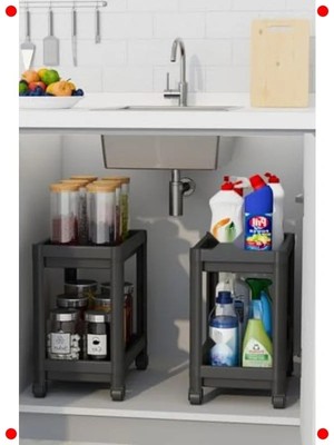 Calperia 2 Adet 2 Katlı Tekerlekli Tezgah Altı Rafı - Siyah