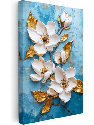 Tablofest Dikey Kanvas Tablo Kabartma Görünümlü Mavi Beyaz Çiçekler Çiçek Tablosu Ev Ofis Duvar Dekoru