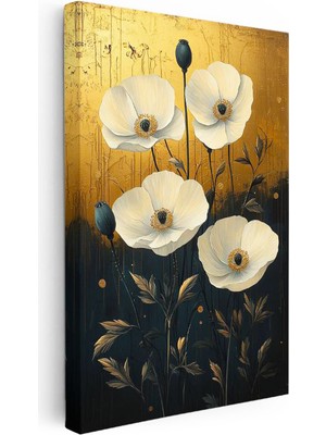 Tablofest Dikey Kanvas Tablo Eskitme Altın Zeminli Beyaz Gelincik Çiçek Tablosu Ev Ofis Duvar Dekoru