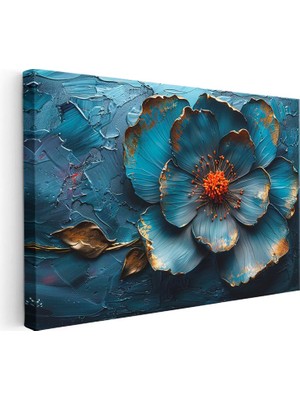 Tablofest Yatay Kanvas Tablo Kabartma Görünümlü Mavi Çiçek Çiçek Tablosu Ev Ofis Duvar Dekoru