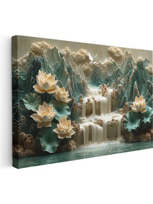 Tablofest Yatay Kanvas Tablo Kabartma Görünümlü Şelaleli Nilüfer Çiçek Tablosu Ev Ofis Duvar Dekoru