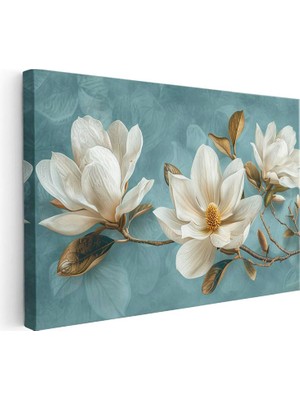Tablofest Yatay Kanvas Tablo Turkuaz Eskitme Zemin Beyaz Manolya Çiçek Tablosu Ev Ofis Duvar Dekoru