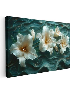 Tablofest Yatay Kanvas Tablo Yeşil Kıvrımlı Zemin Zambak Çiçek Tablosu Ev Ofis Duvar Dekoru