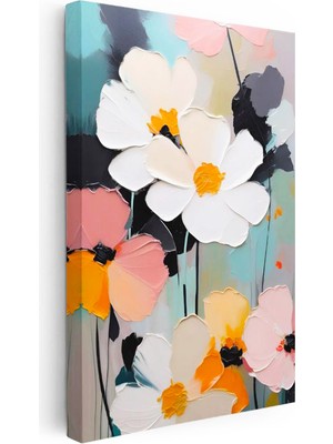 Tablofest Dikey Kanvas Tablo Kabartma Görünümlü Boya Efektli Çiçek Tablosu Ev Ofis Duvar Dekoru