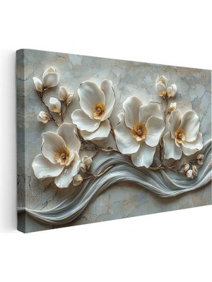 Tablofest Yatay Kanvas Tablo Mermer Dokulu Beyaz Manolya Çiçek Tablosu Ev Ofis Duvar Dekoru