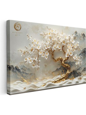 Tablofest Yatay Kanvas Tablo Dağ Manzaralı Altın Gövdeli Ağaç Çiçek Tablosu Ev Ofis Duvar Dekoru