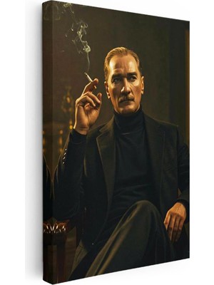 Tablofest Dikey Kanvas Tablo Atatürk Boğazlı Kazak Ceket Sigara Atatürk Tablosu Ev Ofis Duvar Dekoru