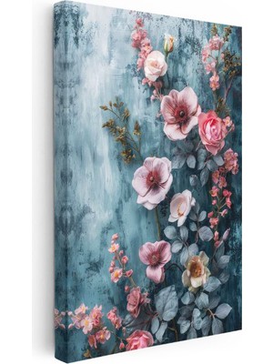 Tablofest Dikey Kanvas Tablo Mavi Dokulu Pembe Yaban Gülü Çiçek Tablosu Ev Ofis Duvar Dekoru