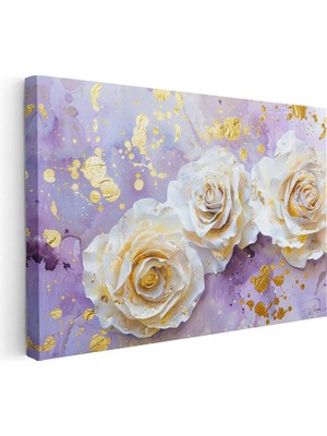 Tablofest Yatay Kanvas Tablo Altın Yaldız Görünümlü Güller Çiçek Tablosu Ev Ofis Duvar Dekoru