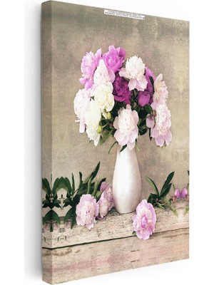 Tablofest Dikey Kanvas Tablo Beyaz Vazoda Şakayık Buketi Çiçek Tablosu Ev Ofis Duvar Dekoru