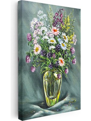 Tablofest Dikey Kanvas Tablo Cam Vazoda Toplanmış Kır Çiçekleri Çiçek Tablosu Ev Ofis Duvar Dekoru
