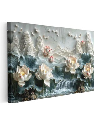 Tablofest Yatay Kanvas Tablo Nilüfer ve Şelale Manzarası Çiçek Tablosu Ev Ofis Duvar Dekoru