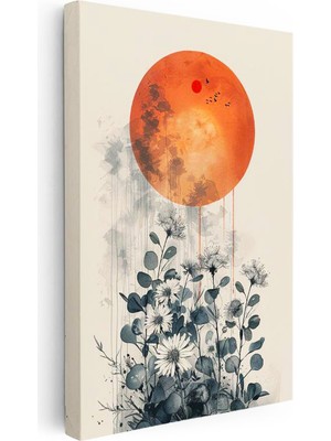 Tablofest Dikey Kanvas Tablo Turuncu Dolunay ve Gri Kır Çiçekleri Çiçek Tablosu Ev Ofis Duvar Dekoru
