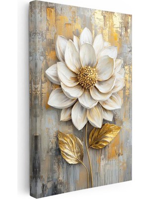 Tablofest Dikey Kanvas Tablo Kabartma Görünümlü Altın Beyaz Çiçek Tablosu Ev Ofis Duvar Dekoru
