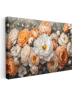 Tablofest Yatay Kanvas Tablo Sık Yapraklı Katmerli Güller Çiçek Tablosu Ev Ofis Duvar Dekoru