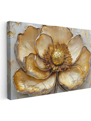 Tablofest Yatay Kanvas Tablo Kabartma Görünümlü Dev Altın Çiçek Çiçek Tablosu Ev Ofis Duvar Dekoru