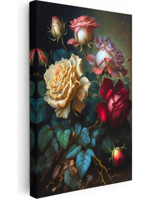 Tablofest Dikey Kanvas Tablo Klasik Yağlı Boya Görünümlü Güller Çiçek Tablosu Ev Ofis Duvar Dekoru