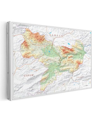 Tablofest Yatay Kanvas Tablo Amasya Topografik Vadi ve Dağlar Harita Tablosu Ev Ofis Duvar Dekoru