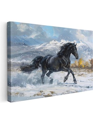 Tablofest Yatay Kanvas Tablo Karlı Zemin Koşan Siyah At Tablosu Ev Ofis Duvar Dekoru